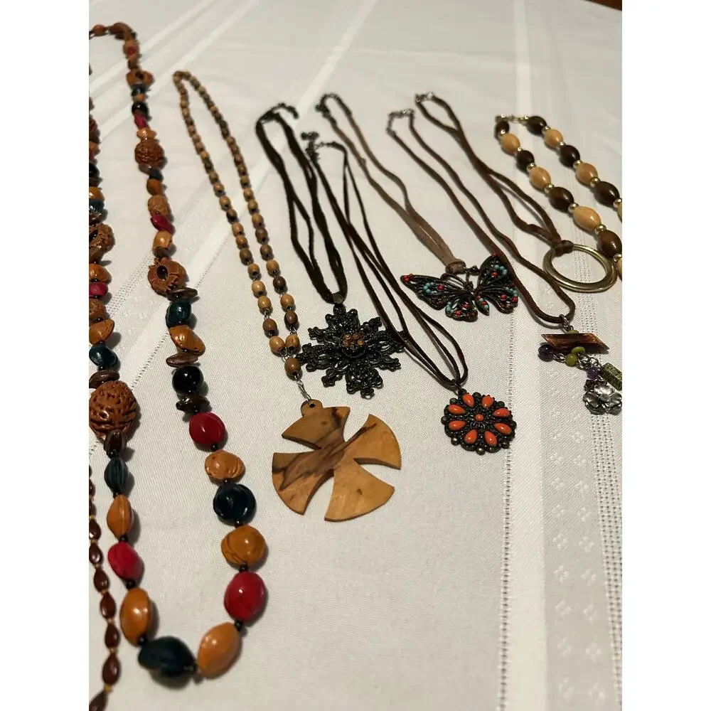 Vintage Nature Mixed Lot 16Pc Wood Leather Seed Bead Necklace Bracelet Lot